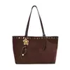Bolso tote grande de gamuza texturizada rústica vintage, bolso de hombro casual para el trabajo con remaches simples, para mujer