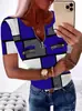 Sitio Independiente de Dropshipping Europeo y Americano Transfronterizo Amazon Ropa para Mujer Bloques de Color Estampado a Cuadros Manga Corta Nuevo Cremallera Cuello Redondo Top