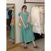 Vestido Verde com Manga Bufante Estilo Coreano Feminino Verão Novo Elegante High-End Saia Midi Drapeada 88046