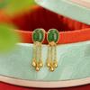 Pendientes Yuebao de plata de ley S925 con jaspe hetiano chapado en oro, estilo chino, con borlas y superficie de huevo, de estilo vintage, ligeros y lujosos.