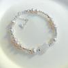 Pulsera de plata de ley 925 con forma de gato fritilario blanco y perla de agua dulce rota, hecha a mano, con cabeza de gato y cuentas blancas.