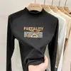 Camisa base de outer wear para meninas em fleece dupla face, nova blusa casual com estampa de desenho animado, camiseta de gola semi-alta, mangas compridas escovadas