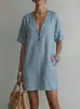 2026 Europeu e Americano Transfronteiriço Verão Independente Site Amazon Novo Casual Confortável Botão Algodão Linho Bolso Vestido