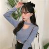 Sexy Top Coreano Estilo Ombligo Ajustado Cuello en V Suéter de Manga Larga para Mujer Primavera y Otoño Camiseta Básica Corta a la Moda