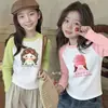 Nova Camiseta de Algodão Puro com Manga Longa para Meninas Primavera/Outono 2026 Roupa de Outono Estilo Coreano Camiseta Cartoon Curva Infantil Camada Base Ins