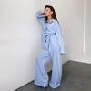 Conjunto de Pijama Duas Peças Azul de Algodão Puro com Cardigã de Manga Longa e Calça Longa - Primavera/Verão Europeu e Americano 2026 - Roupa de Casa Casual e Confortável para Mulheres