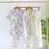 Pijama para Mujer Primavera y Verano Algodón Manga Corta Pantalones Delgado Crepé Cárdigan Puro Algodón Ropa de Casa Conjunto Fresco Primavera y Verano
