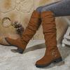 Nuevas Botas Plegables de Comercio Exterior Transfronterizas para Mujer con Hebilla de Cinturón Botas Altas hasta la Rodilla Tacón Grueso Caña Larga Delgado