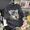 Camiseta de Manga Corta para Mujer Talla Grande Verano Nueva Marca Trendy Retro Americana Ins Estampado Hip-Hop Lavada Vintage Algodón Puro