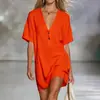 Vestido Casual Soltinho de Manga Curta com Decote V de Algodão e Linho, Marca Independente 2026, Estilo de Férias Europeu e Americano, Moda Imitação de Algodão e Linho para Mulheres