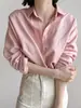 Camisa rosa de lino de manga larga para mujer, 26 estilo verano fino, camisa holgada casual de alta gama de algodón y lino, top elegante