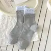 Meias femininas de algodão puro com laços, estilo balé coreano, acabamento em renda, comprimento até a panturrilha, punho com costura dupla, fofas e versáteis, meias femininas sem costura
