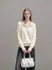Cuello polo manga larga tejido color liso versátil para el día a día informal holgado capa base top mujer 10800