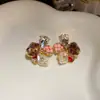 "Flor de Cristal Rosa Melocotón" Pendientes de Botón de Flor de Zirconia con Aguja de Plata y Perla, Pendientes de Moda y Versátiles, Accesorios de Oreja Frescos y Dulces para Niña