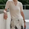 Camiseta de Manga Corta Holgada con Textura de Punto Off-White con Cuello en V para Mujer TonghuaSummer Camiseta Básica Versátil de Manga Corta