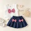 Conjunto de Verão Sem Mangas para Meninas 26: Conjunto de Duas Peças: Blusa Xadrez com Laço para Bebê Menina e Saia Plissada Jeans