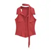Estilo Deseo Puro Chica Picante Sexy Chaleco Sin Mangas de Solapa Solitaria + Bufanda Bolsillo Doble Ajustado Dobladillo Curvo Top