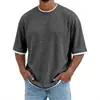 Produto de Comércio Exterior Transfronteiriço Novo de 2026: Camiseta Masculina de Tricô Waffle com Ombros Caídos, Manga Curta, Acabamento em Cor Contrastante, Caimento Solto, Top Casual da Moda