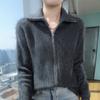 24 Otoño e Invierno Nuevo Suéter de Visón de Manga Larga con Cremallera Cárdigan de Punto para Mujer Chaqueta Holgada Combinable con Solapa Exterior de Lana