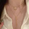 Collar de Brillo Dorado Vintage con Brújula de Estrella de Cuatro Puntas para Mujer, Estilo de Lujo Ligero de Nicho de Gama Alta, Cadena de Clavícula Cruzada en Capas