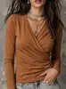 Ropa de Otoño Nueva Transfronteriza Europea y Americana para Mujer Camisa de Manga Larga Plisada con Cuello Cruzado Top Casual Mujer