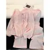 Pijama floral estilo francés para mujer, conjunto de manga larga para primavera y otoño, ropa de casa dulce y elegante de algodón nube con encaje, venta al por mayor transfronteriza