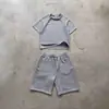 Conjunto de Duas Peças Casual Tendência Y2K Europeu e Americano Transfronteiriço Camiseta Jacquard Bordada de Gola Redonda e Manga Curta com Shorts Retos Elásticos