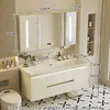 Gabinete de baño con lavabo integrado de piedra chapado en oro de lujo ligero estilo italiano, juego de tocador para baño