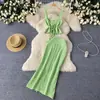 Ropa de Vacaciones Conjunto de Dos Piezas de Punto de Verano para Mujer Diseño de Tirantes Huecos Top de Tirantes Falda Larga de Cintura Alta