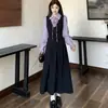 Vestido Polo elegante de duas peças em estilo francês, com blocos de cor tie-dye emendados, para mulheres, vestido longo de corte A de alta qualidade para primavera e outono