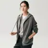 Cardigan de Caxemira com Capuz de Camada de Ar com Zíper Duplo Feminino Malha Grossa Roupa Externa Capuz Solto com Cordão Jaqueta de Inverno