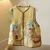 Colete Chinês de Organza para Mulheres, Colete Sem Mangas Fino Estilo Tang Bordado em Seda de Amora, Top de Seda Sem Mangas, Verão