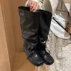 Botas de cuero genuino modelo nuevo 2026, punta cuadrada, suela gruesa, con cordones, apiladas, para mujer, versátiles, de caña alta, hasta la rodilla, largas, botas de caballero ballet
