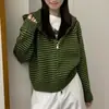 Cardigan de Tricô com Capuz e Zíper Listrado Color Block Estilo Coreano Outono Inverno Novo Suéter Solto Preguiçoso Top Peça de Roupa Externa Feminina