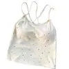 2026 Regata Feminina com Tiras Cruzadas de Strass, Lindo Design nas Costas, com Bojos, Única e Estilosa, Adequada para Usar por Cima ou por Baixo, Regata Sexy para Meninas