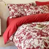 Juego de ropa de cama de cuatro piezas estilo retro francés, algodón puro de grado A, cepillado, para otoño e invierno, sábana de cama 100% algodón y funda de edredón verde oscuro, juego de tres piezas