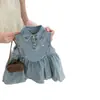 Vestido de Verão para Meninas Bebê Estiloso Personalidade Infantil Tendência Marca Estilo Coreano Gola Reversível Jeans Princesa Babados Vestido Regata