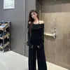 Conjunto de Dos Piezas Falso Estilo Puro Deseo con Cuello Oscilante y Pantalones de Pierna Ancha de Cintura Alta para Mujer, Traje de Moda Versátil y Sencillo para Primavera y Otoño