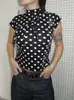 Camiseta versátil de uso diario ajustada para estilizar, cuello alto con cordones, estilo dulce y picante, mangas cortas estampadas, estilo deseo puro, top para ir al trabajo y citas