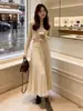 Conjunto de duas peças de vestido de tricô cinza, suave e elegante, estilo coreano, para outono e inverno