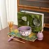 Conjunto de Chá Matcha Japonês Conjunto de 7 Peças Tigela de Matcha de Cerâmica Verde com Bico Caixa Colorida 100 Peças de Xadrez Flores de Cerejeira
