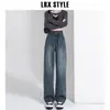 Jeans Reta Cintura Alta Feminino Outono e Inverno com Forro de Lã 2024 Novo Outono Preto Cinza Emagrecedor Skinny Perna Larga Calças