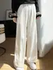 Calça feminina jacquard de cintura alta cruzada com elástico na cintura, perna larga, caimento solto, estilo literário retrô casual, cor sólida, calça com veludo
