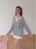Suéter de punto de alta gama estilo francés con rayas azul marino y cuello en V de manga larga para mujer, camisa base casual de primavera, suéter holgado
