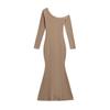 Deseo Puro Vestido de Manga Larga con Cuello Inclinado para Chica Caliente Falda de Cola de Pez Otoño Nuevo Diseño Hombro Descubierto Ajustado Sexy Falda Larga para Mujer