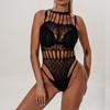 Lingerie Sexy Quente Europeia e Americana Rede Halterneck Vazada Suspender Malha Transparente Macacão Estampa de Leopardo Bolinhas Biquíni