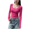 Camiseta de algodão canelado de manga comprida para mulheres, novo estilo primavera e outono, gola U versátil reveladora da clavícula, top básico