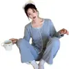 Pijama con Almohadilla en el Pecho para Mujer Primavera y Otoño 6535 Algodón Manga Larga Pantalones Estilo Coreano Sencillo Casual Ropa de Casa conjunto para Usar como Exterior