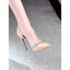 2025 Primavera Novo Bico Fino Strass Nude Salto Alto Couro Envernizado Preto Boca em V Sapatos Sexy Femininos Salto Agulha Boca Rasa Sapatos de Camada Única