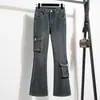 Foto Real de Calça Flare de Sarja Elástica para Trabalho Plus Size, Jeans Flare Grande de Alta Qualidade, Algodão Casual Versátil Unissex